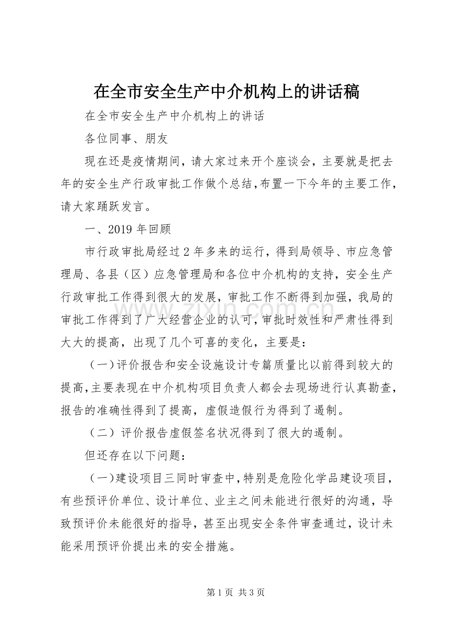 在全市安全生产中介机构上的讲话发言稿.docx_第1页