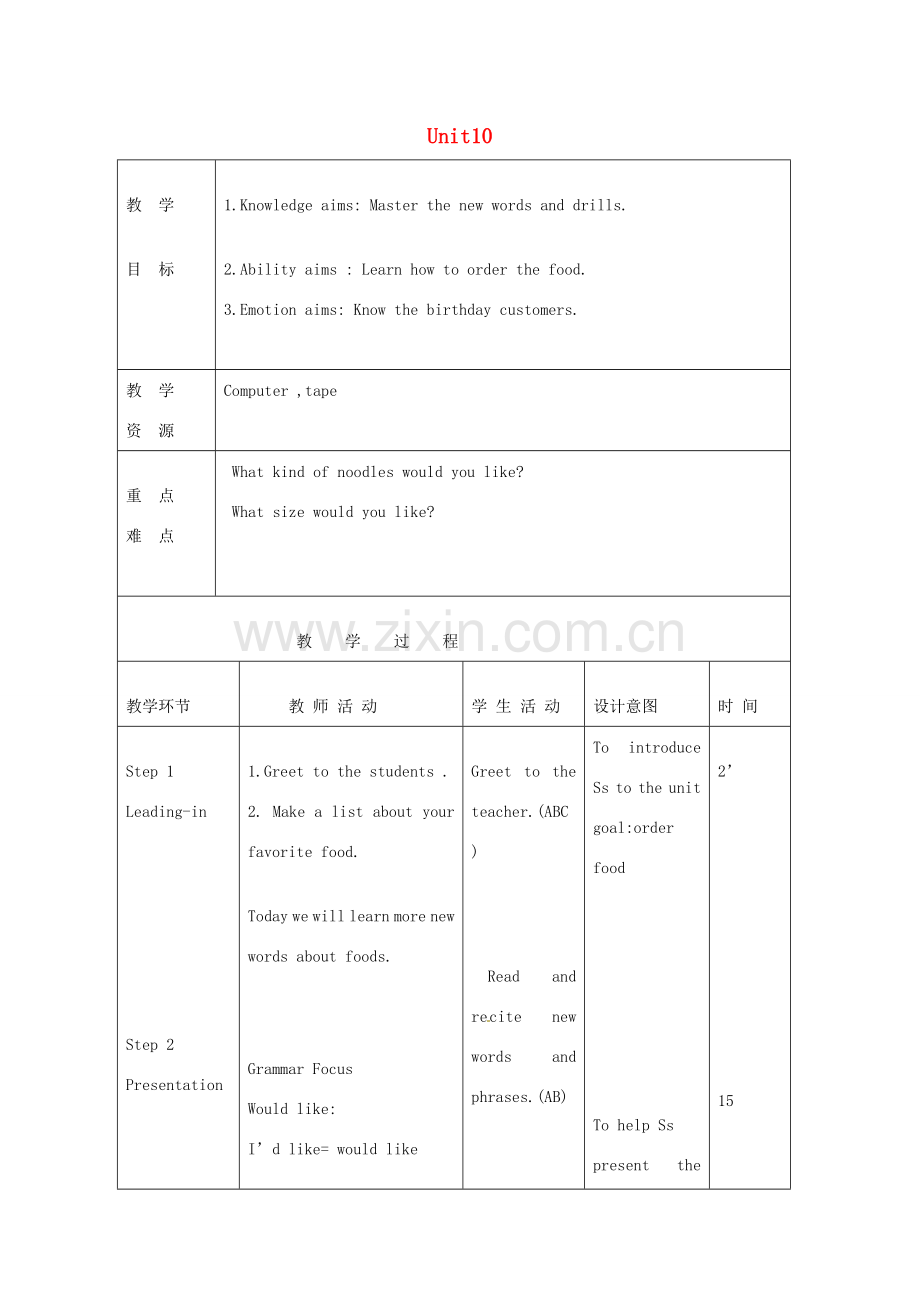 七年级英语下册 Unit 10 I’d like some noodles Section A（1a-1c）教案 （新版）人教新目标版-（新版）人教新目标版初中七年级下册英语教案.doc_第1页