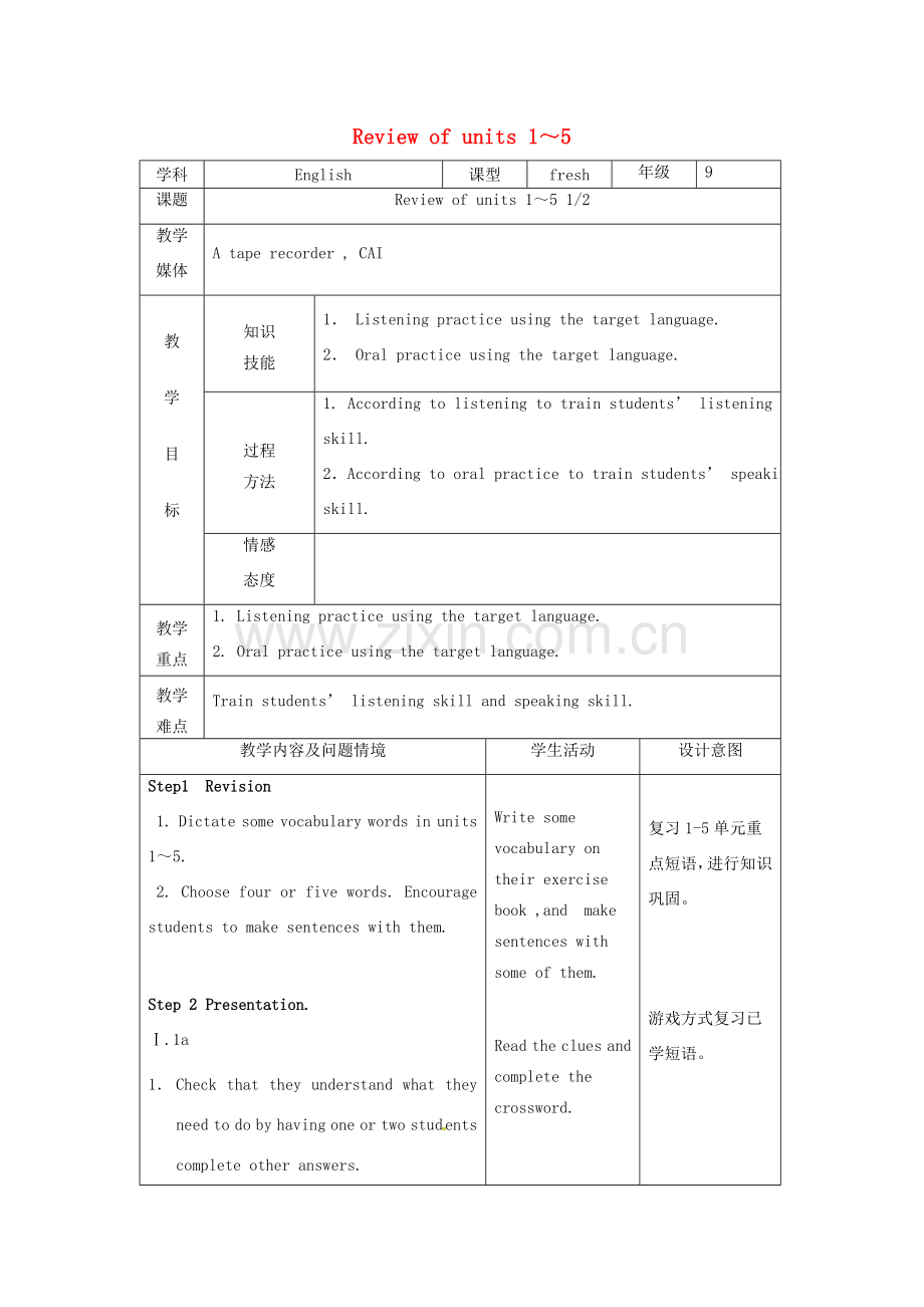 九年级英语全册 Review of Unit 1-5教案 人教新目标版-人教新目标版初中九年级全册英语教案.doc_第1页