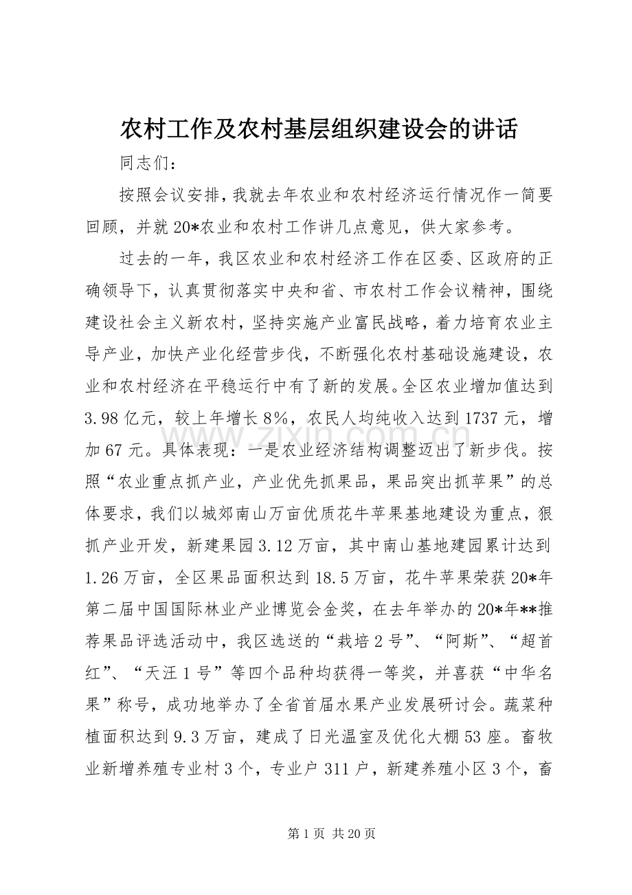 农村工作及农村基层组织建设会的讲话发言.docx_第1页
