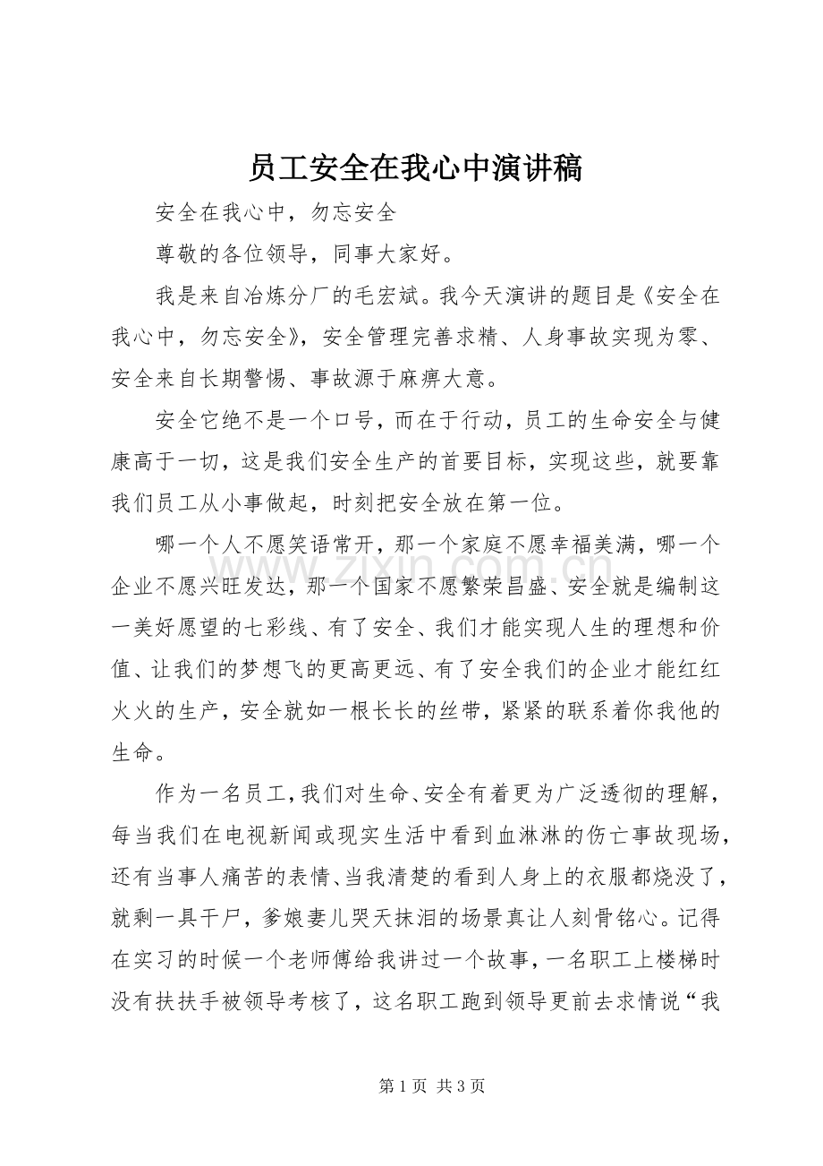员工安全在我心中演讲稿范文.docx_第1页