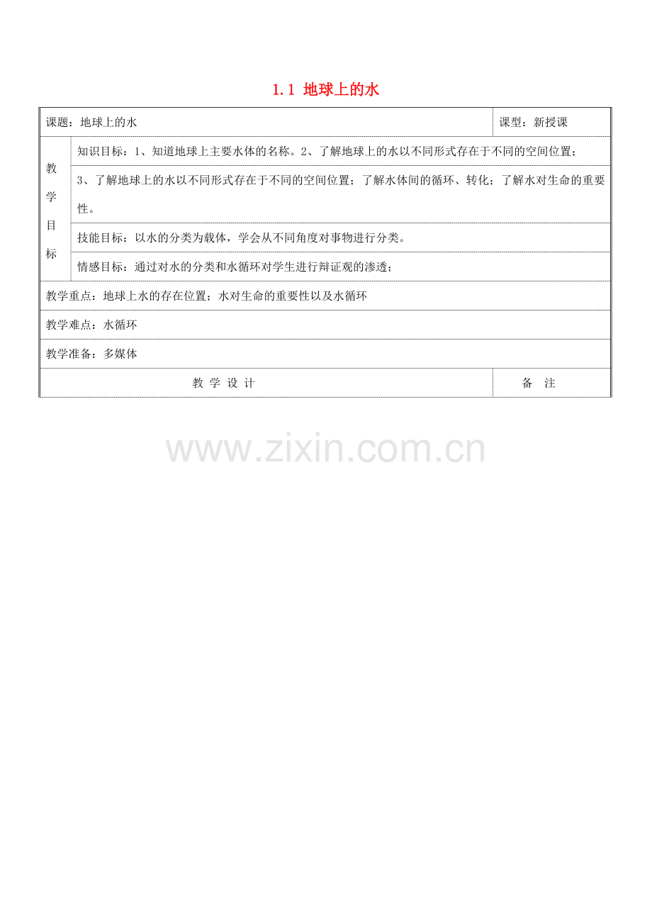 八年级科学上册 1.1 地球上的水教学设计 浙教版.doc_第1页