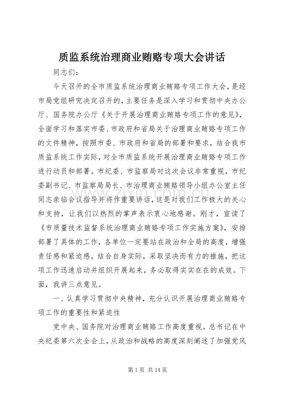 质监系统治理商业贿赂专项大会讲话发言.docx_第1页