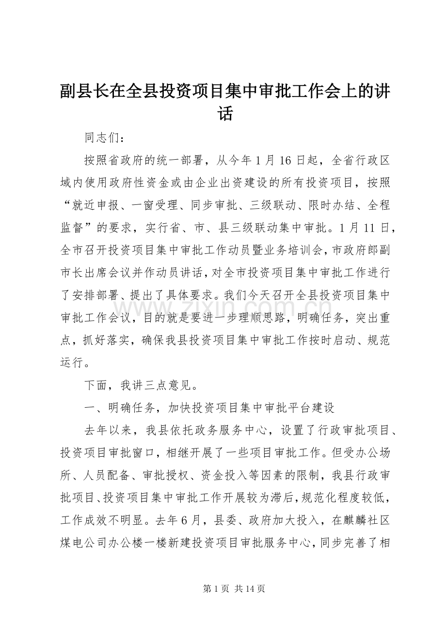 副县长在全县投资项目集中审批工作会上的讲话发言.docx_第1页