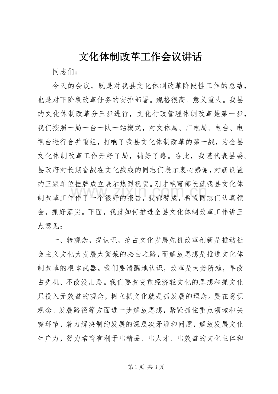 文化体制改革工作会议讲话发言.docx_第1页