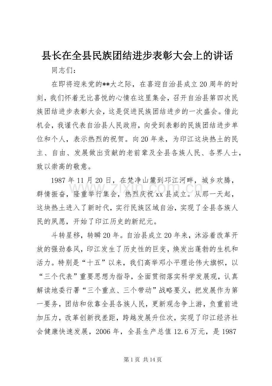 县长在全县民族团结进步表彰大会上的讲话发言.docx_第1页