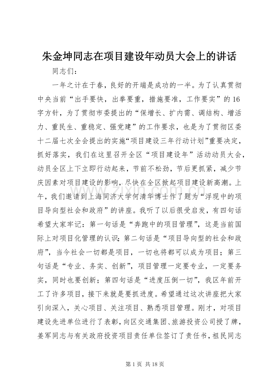 朱金坤同志在项目建设年动员大会上的讲话发言.docx_第1页