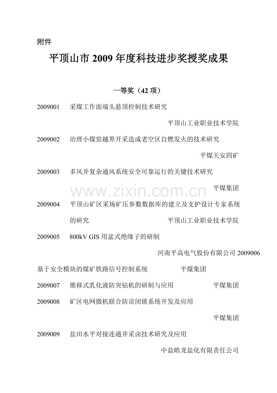 平顶山市2009年度科技进步奖授奖成果.doc_第1页