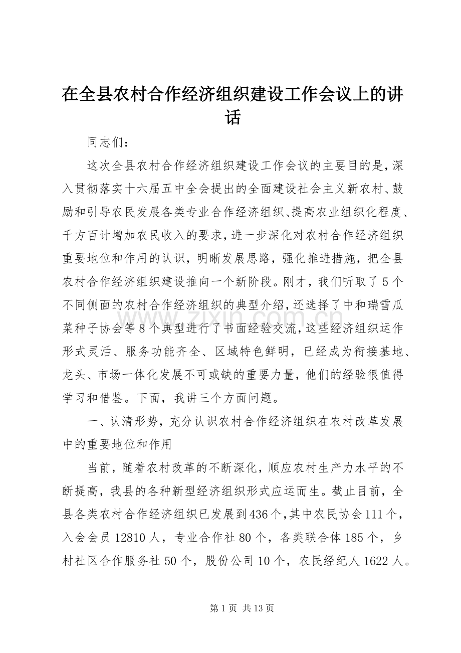 在全县农村合作经济组织建设工作会议上的讲话发言.docx_第1页