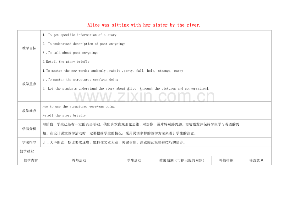 学年八年级英语上册 Module 7 A famous story Unit 1 Alice was sitting with her sister by the river教案 （新版）外研版-（新版）外研版初中八年级上册英语教案.doc_第1页