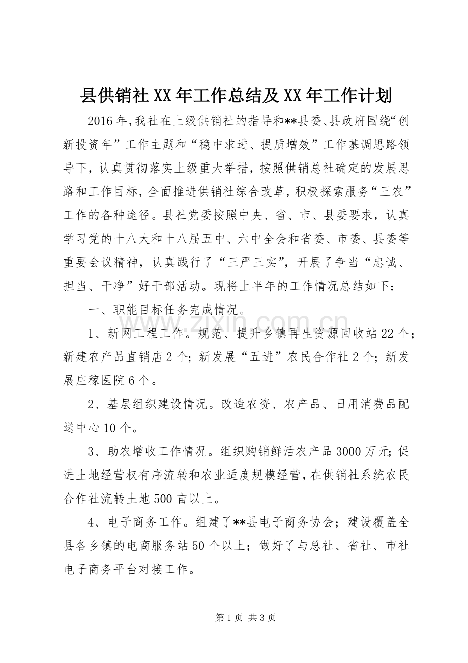 县供销社XX年工作总结及XX年工作计划(2).docx_第1页