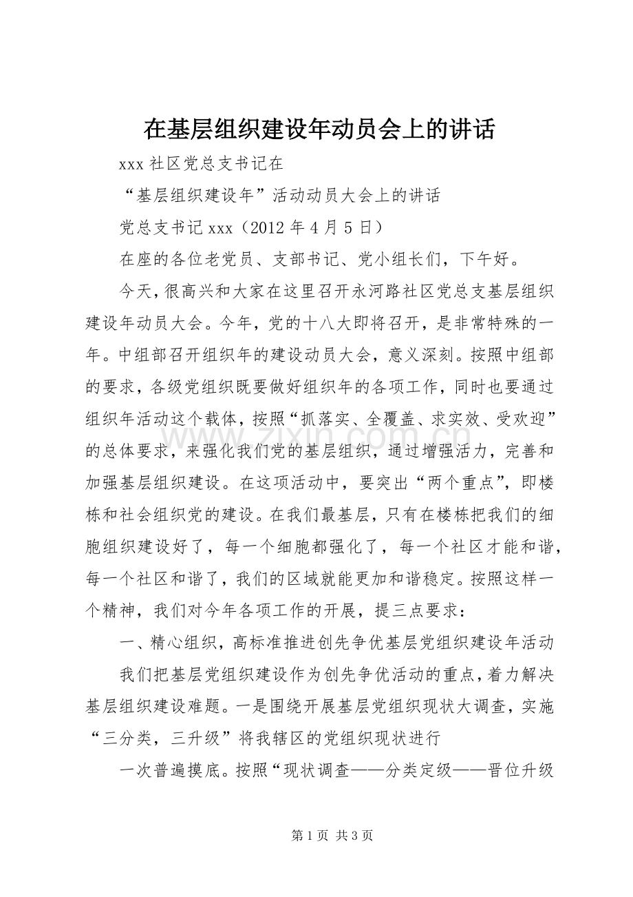 在基层组织建设年动员会上的讲话发言.docx_第1页