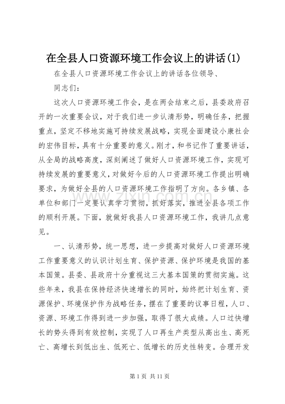 在全县人口资源环境工作会议上的讲话发言(1).docx_第1页
