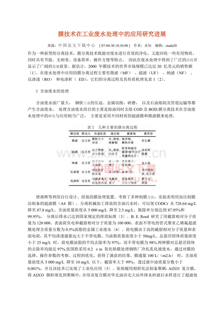 膜技术在工业废水处理中的应用研究进展.doc_第1页