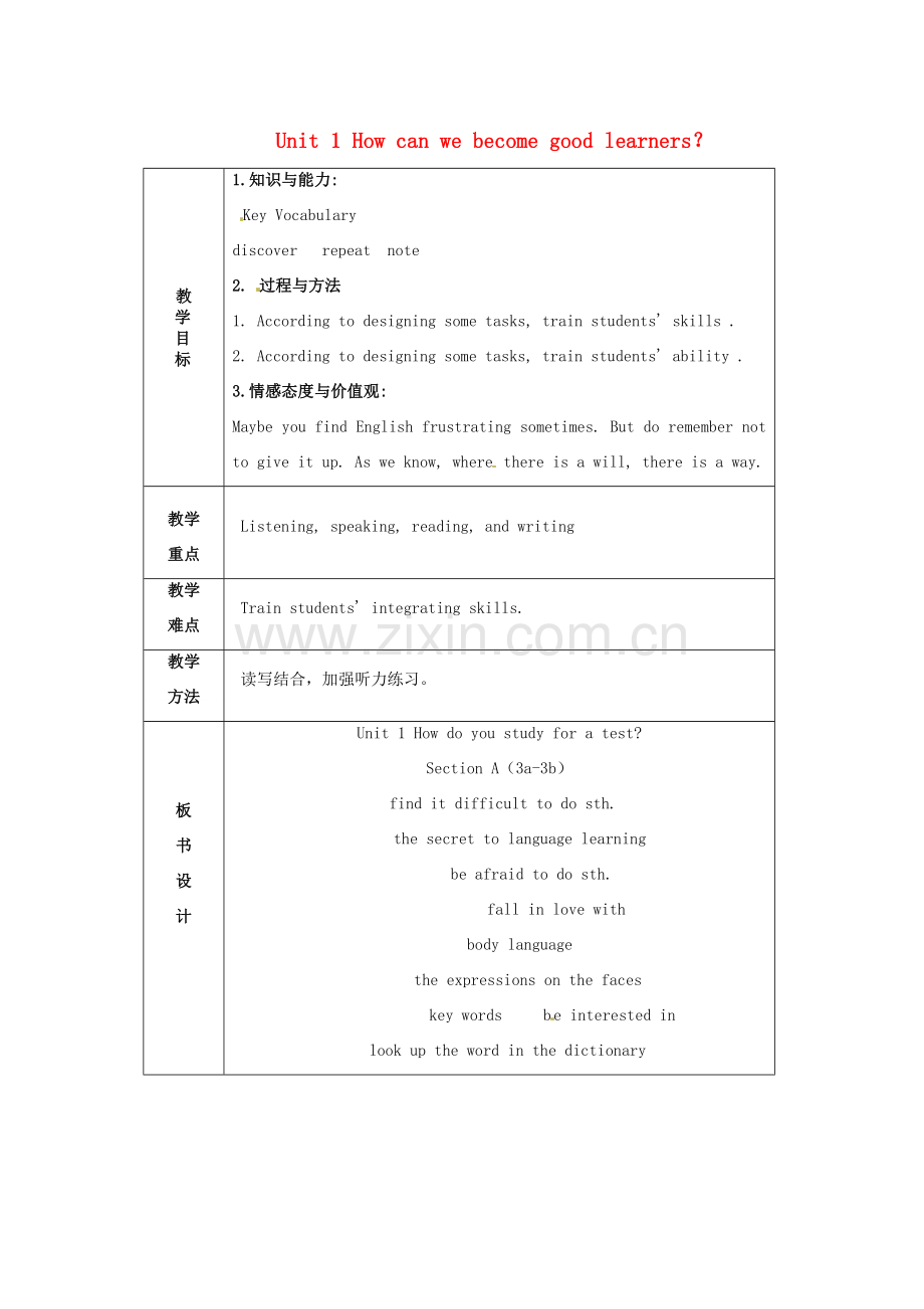山东省临沂市费城镇初级中学九年级英语全册 Unit 1 How can we become good learners？（第2课时）教案 （新版）人教新目标版.doc_第1页