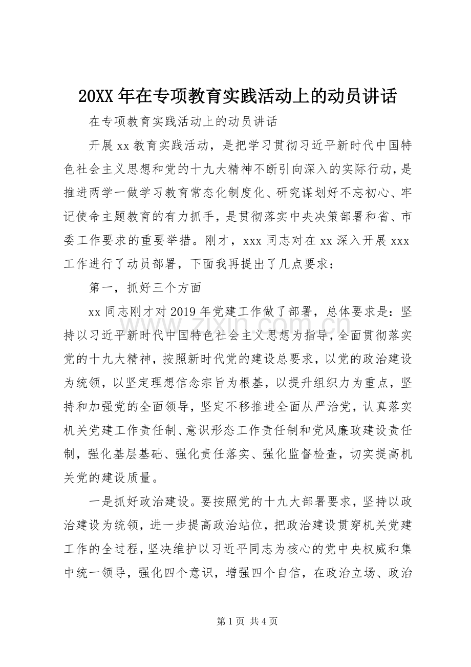 20XX年在专项教育实践活动上的动员讲话发言.docx_第1页