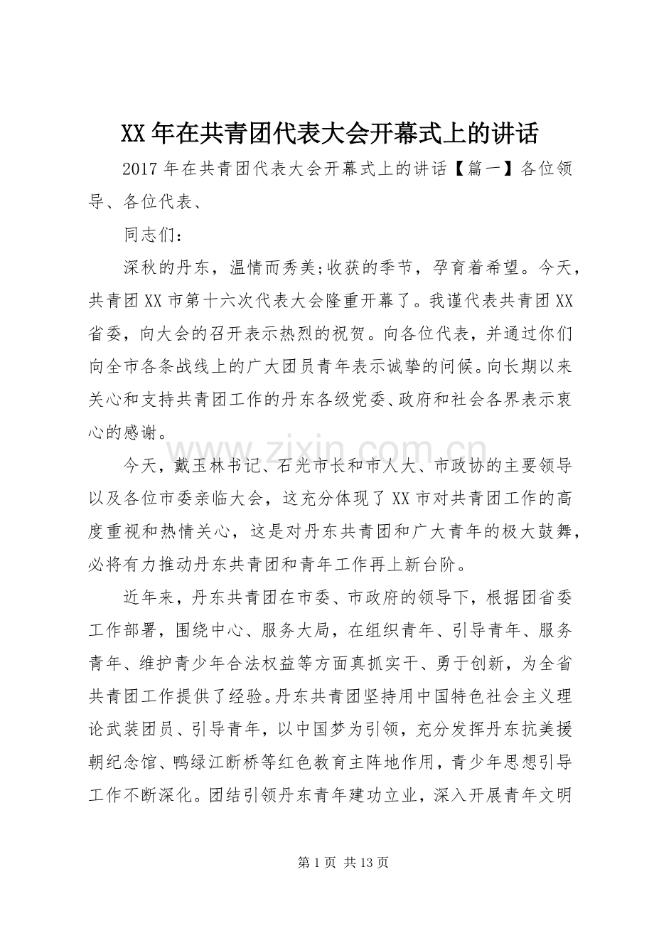 XX年在共青团代表大会开幕式上的讲话发言.docx_第1页