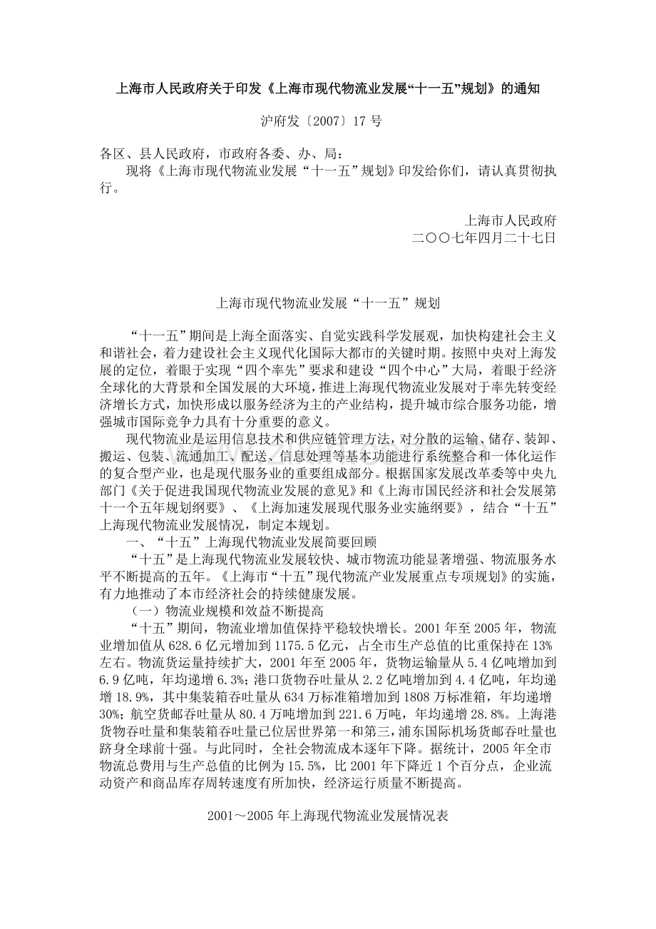 上海市现代物流业发展“十一五”规划.doc_第1页