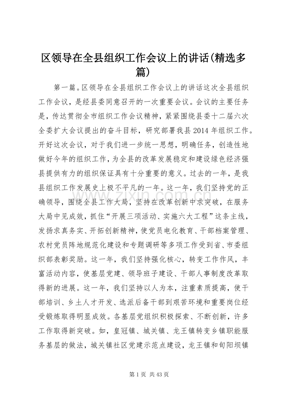 区领导在全县组织工作会议上的讲话发言(多篇).docx_第1页