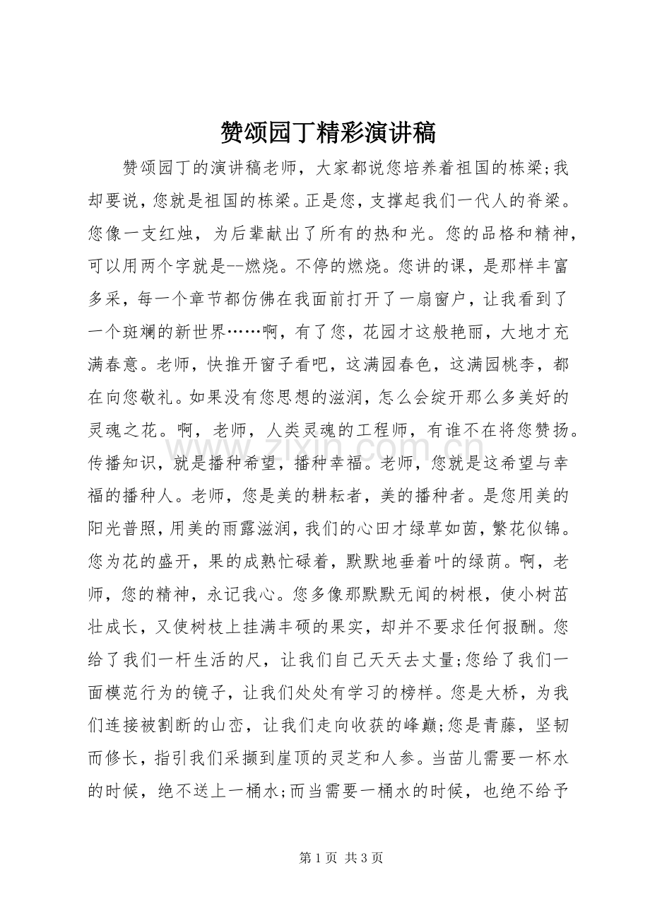 赞颂园丁精彩演讲稿范文.docx_第1页