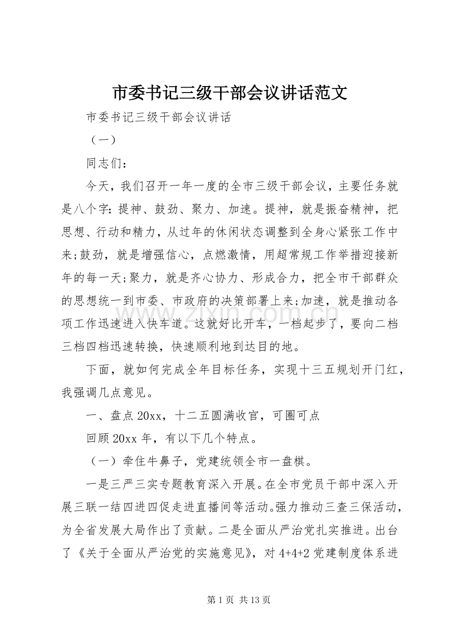 市委书记三级干部会议讲话发言范文.docx_第1页