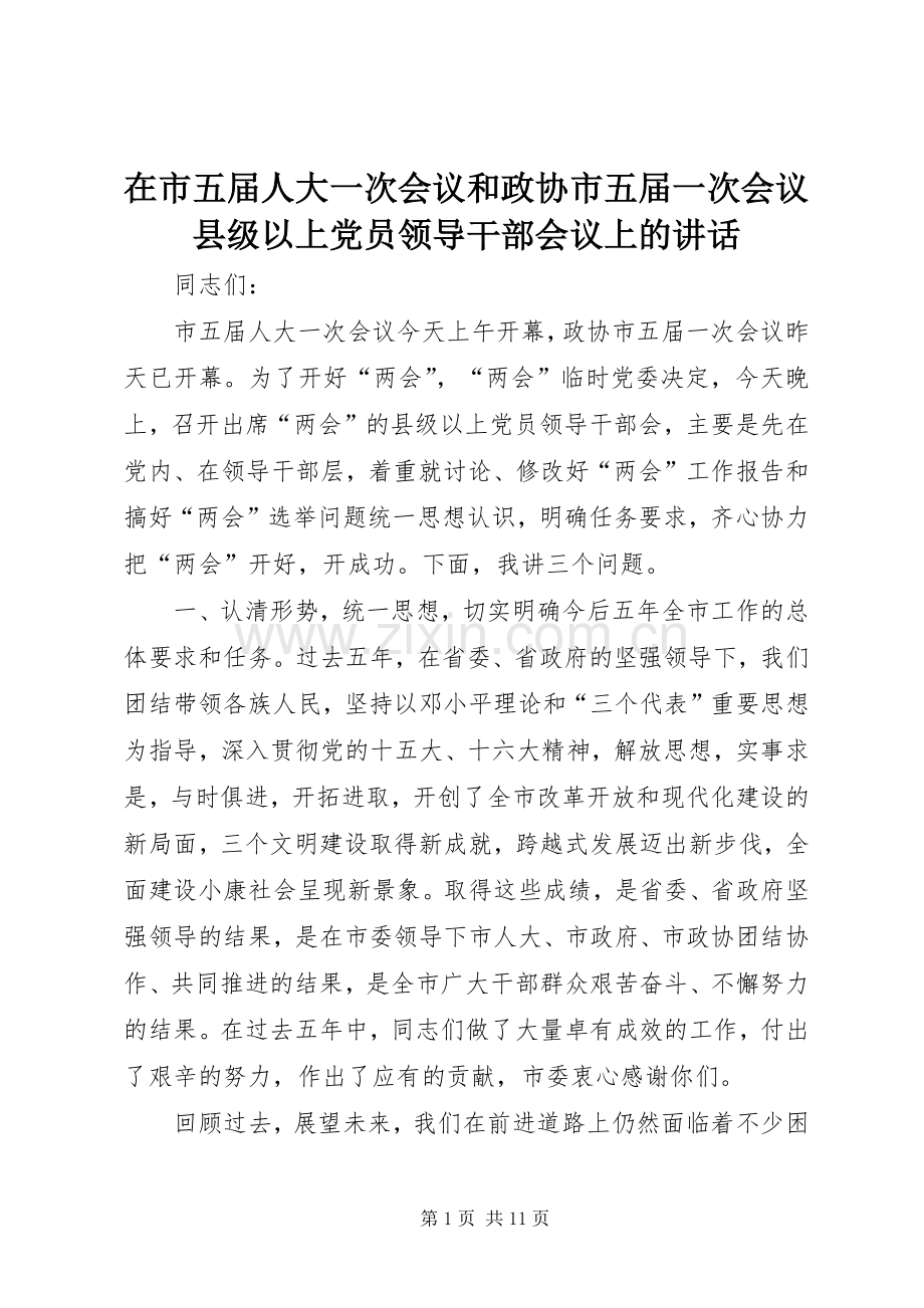 在市五届人大一次会议和政协市五届一次会议县级以上党员领导干部会议上的讲话发言.docx_第1页
