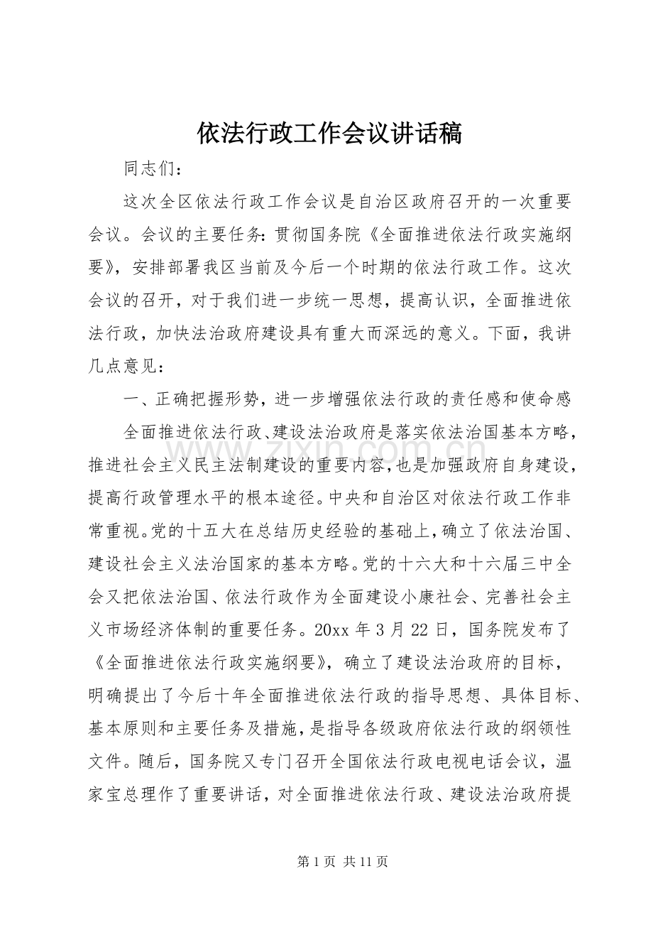 依法行政工作会议讲话发言稿.docx_第1页