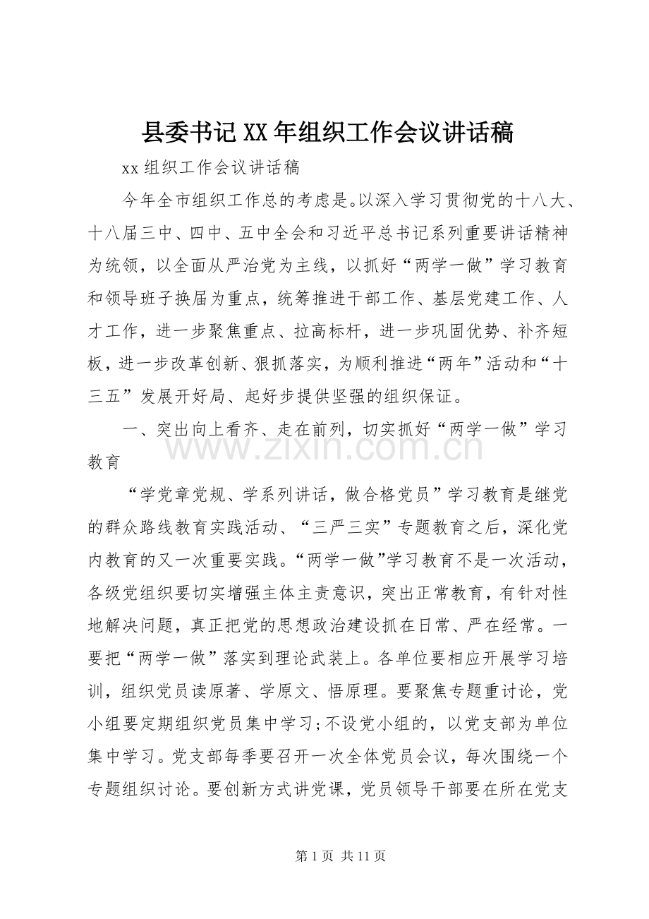 县委书记XX年组织工作会议的讲话发言稿.docx_第1页