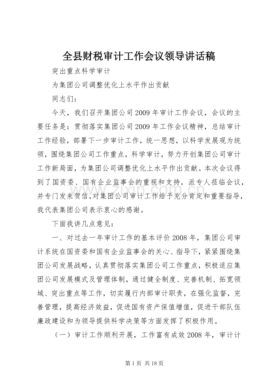 全县财税审计工作会议领导的讲话发言稿.docx_第1页