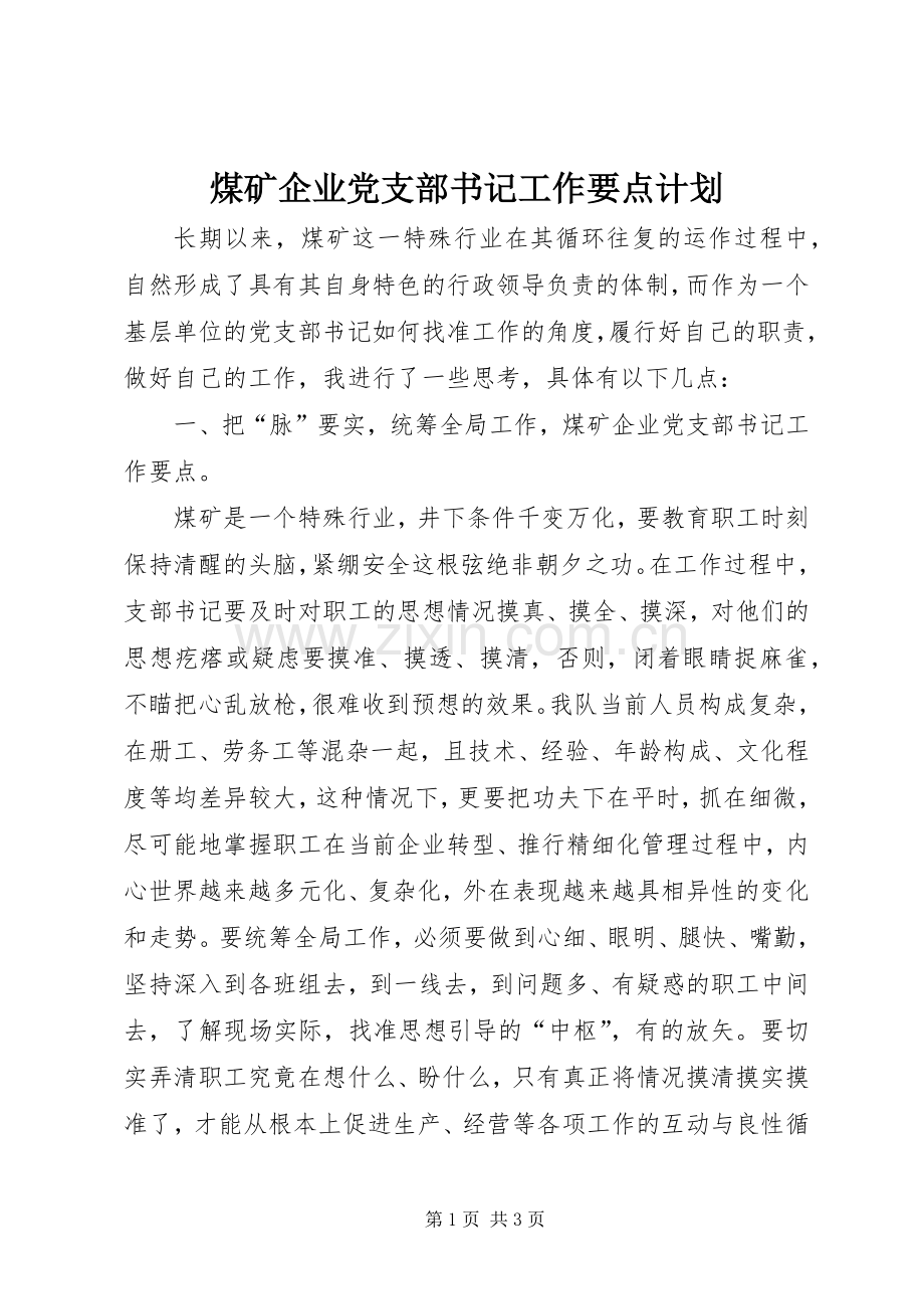 煤矿企业党支部书记工作要点计划.docx_第1页