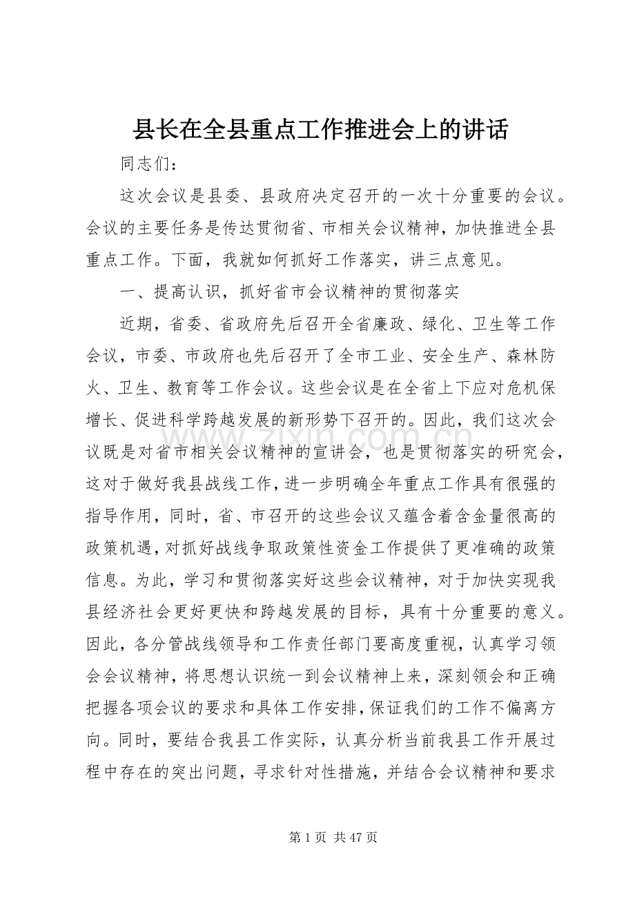 县长在全县重点工作推进会上的讲话发言_1.docx_第1页