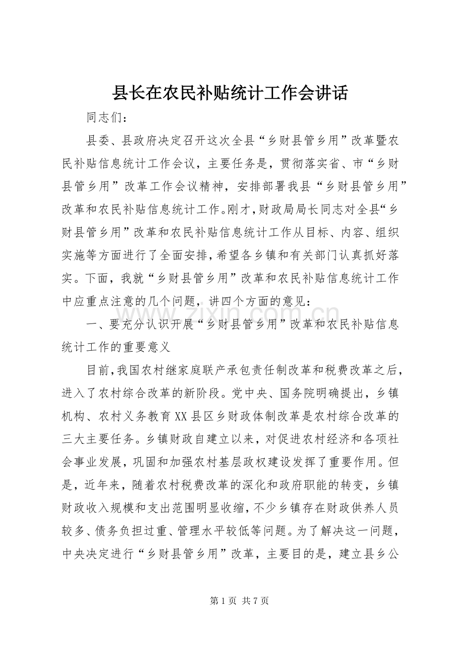 县长在农民补贴统计工作会讲话发言.docx_第1页