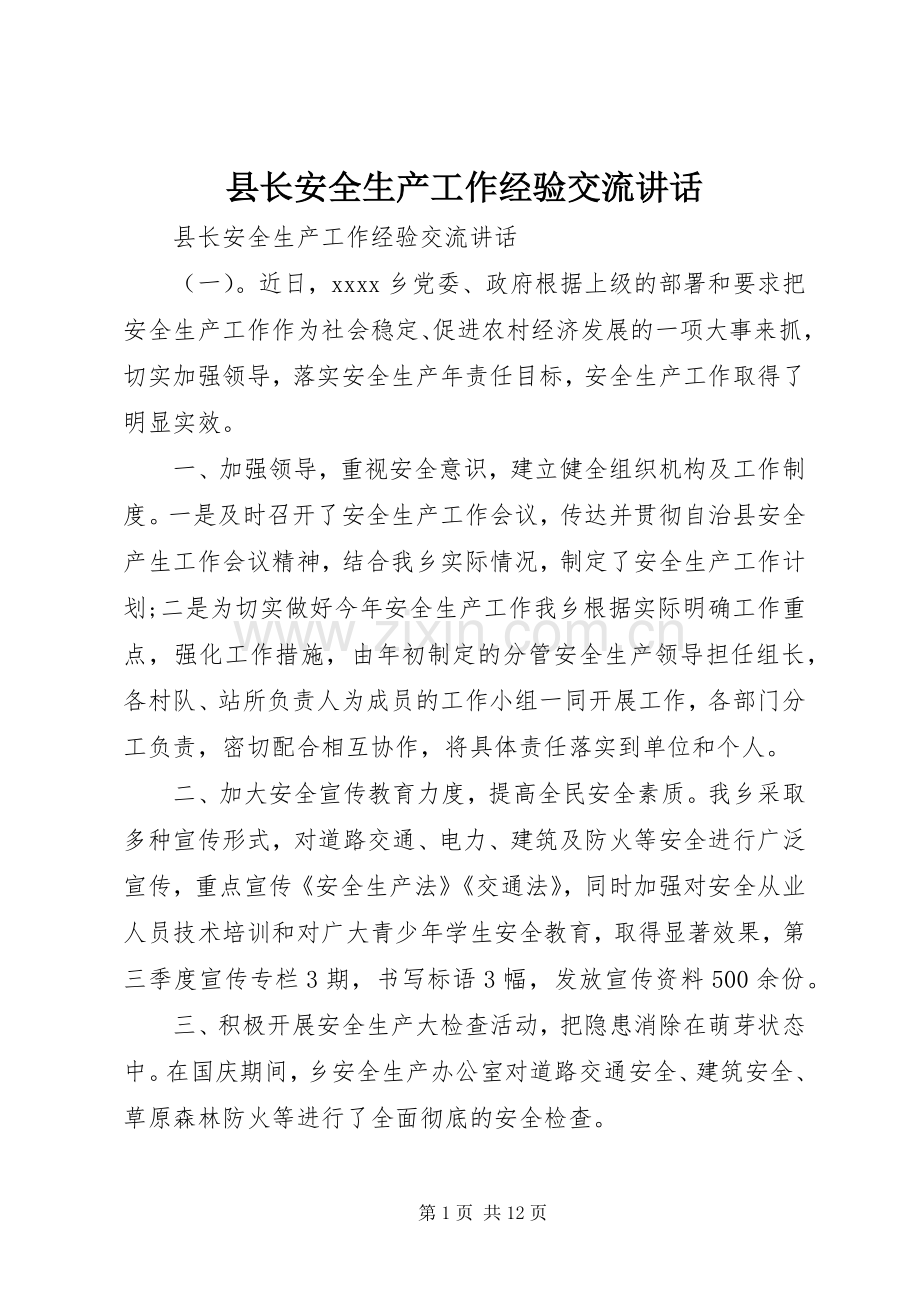 县长安全生产工作经验交流讲话发言.docx_第1页