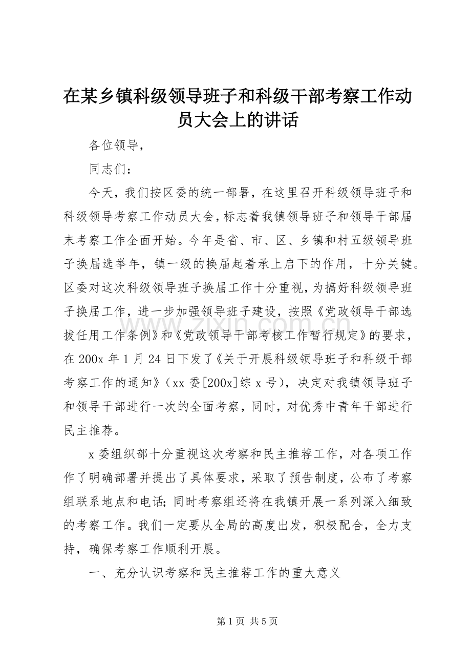 在某乡镇科级领导班子和科级干部考察工作动员大会上的讲话发言.docx_第1页