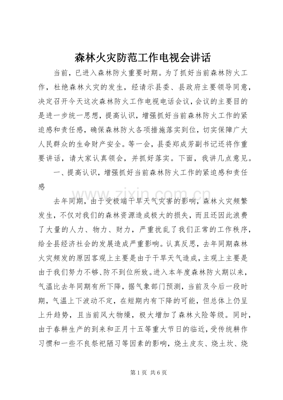森林火灾防范工作电视会讲话发言.docx_第1页