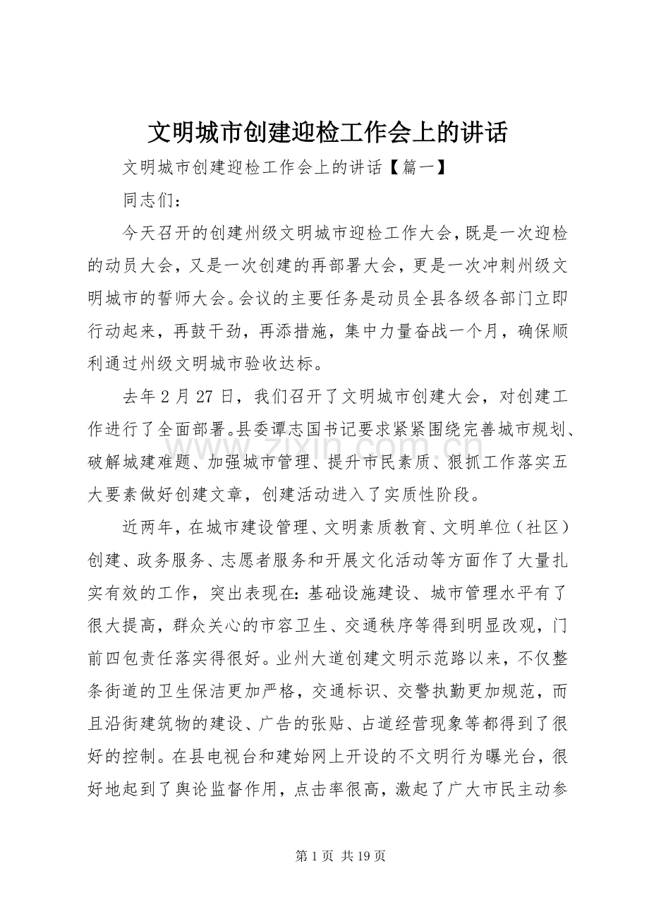 文明城市创建迎检工作会上的讲话发言.docx_第1页