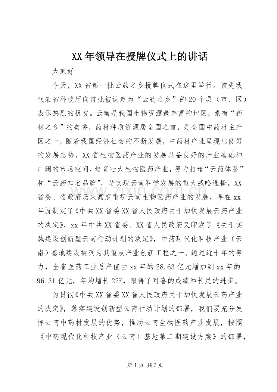 XX年领导在授牌仪式上的讲话发言_1.docx_第1页