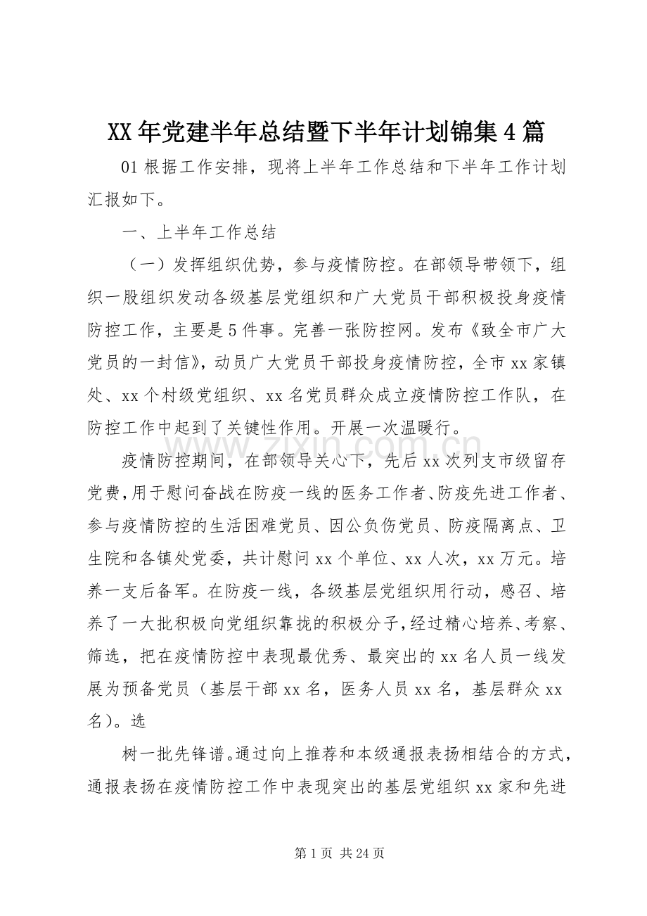 XX年党建半年总结暨下半年计划锦集4篇.docx_第1页