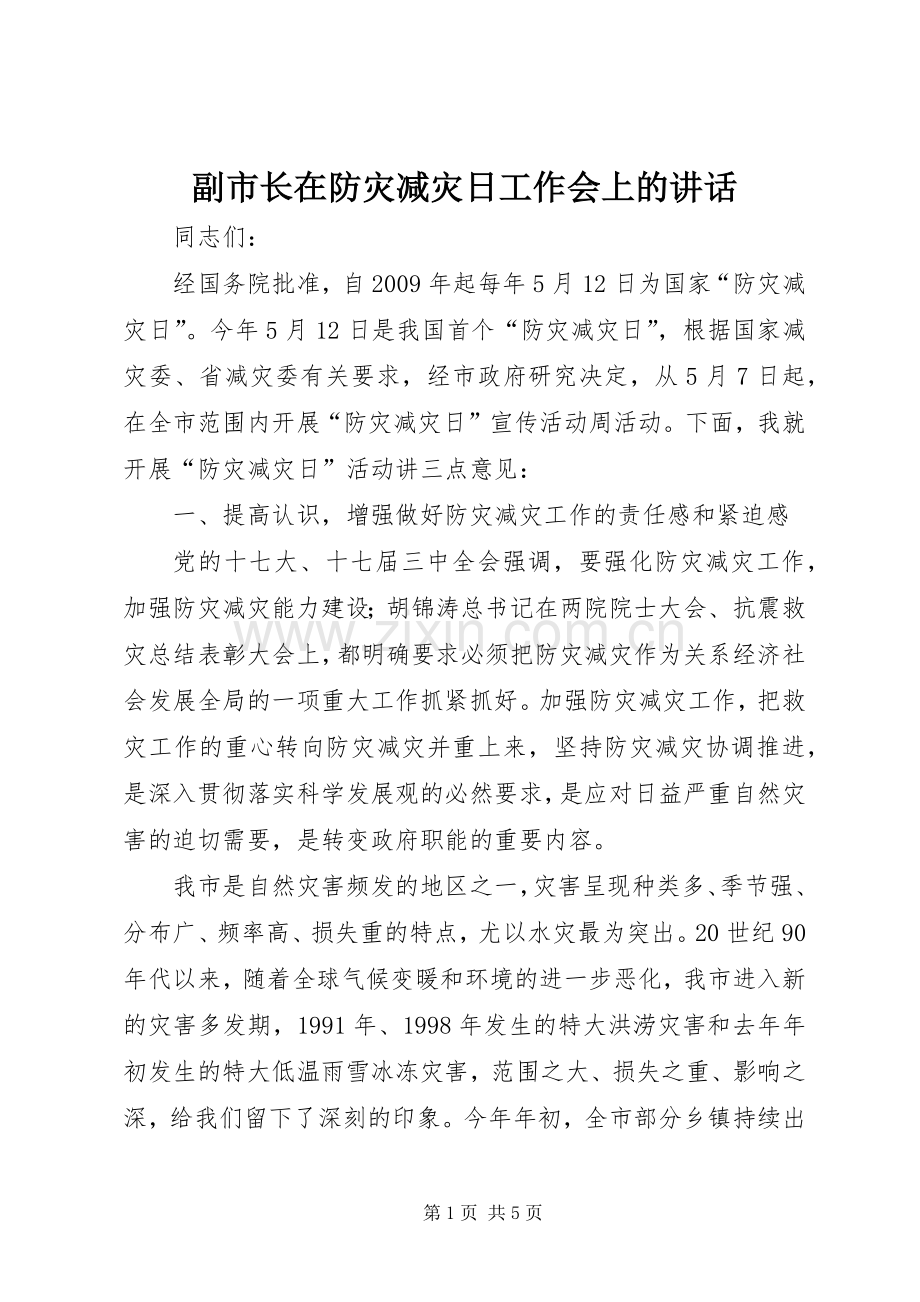 副市长在防灾减灾日工作会上的讲话发言.docx_第1页