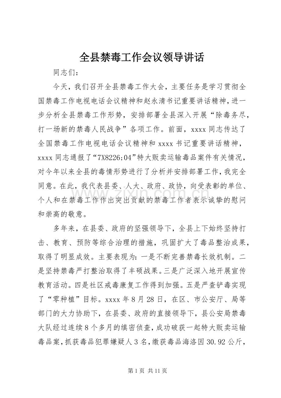 全县禁毒工作会议领导讲话发言.docx_第1页