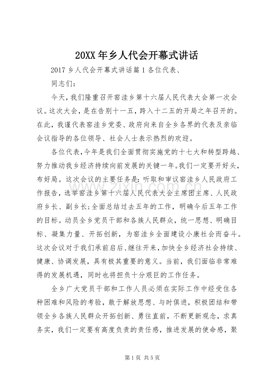 20XX年乡人代会开幕式讲话发言.docx_第1页
