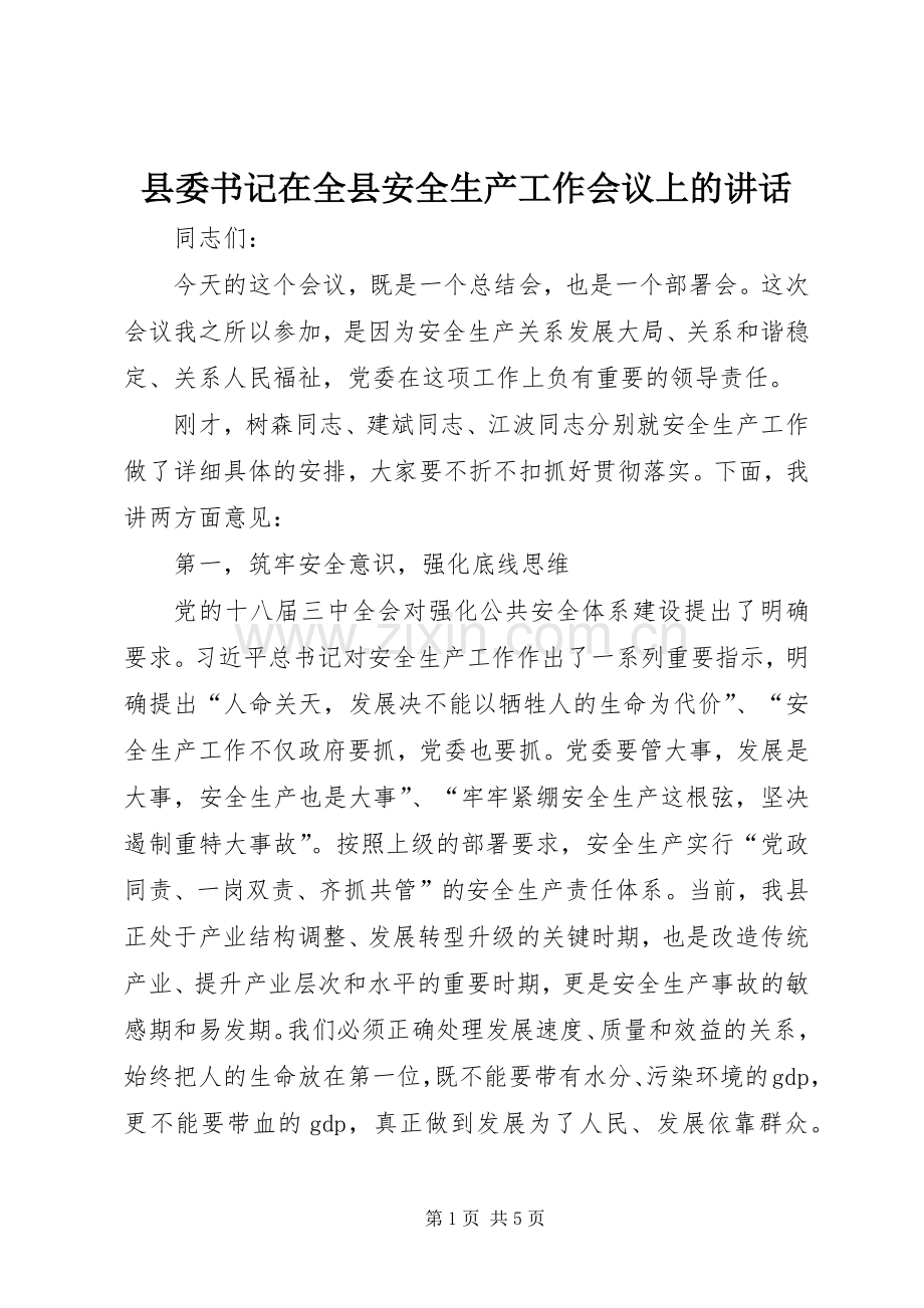 县委书记在全县安全生产工作会议上的讲话发言.docx_第1页