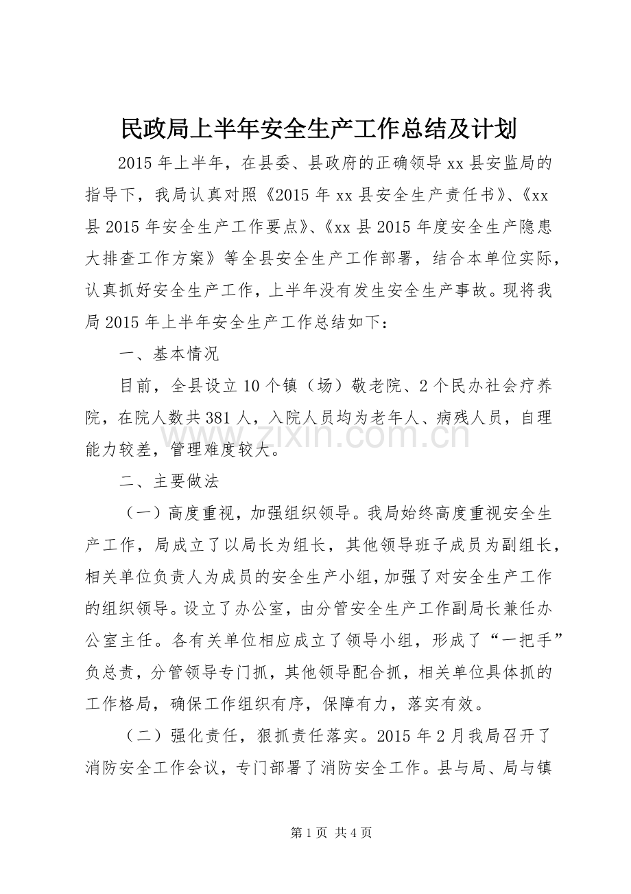 民政局上半年安全生产工作总结及计划.docx_第1页