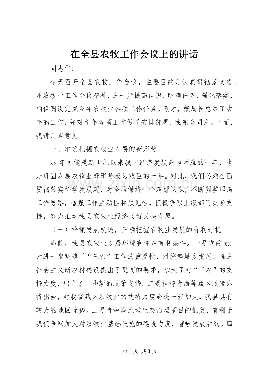 在全县农牧工作会议上的讲话发言_1.docx_第1页