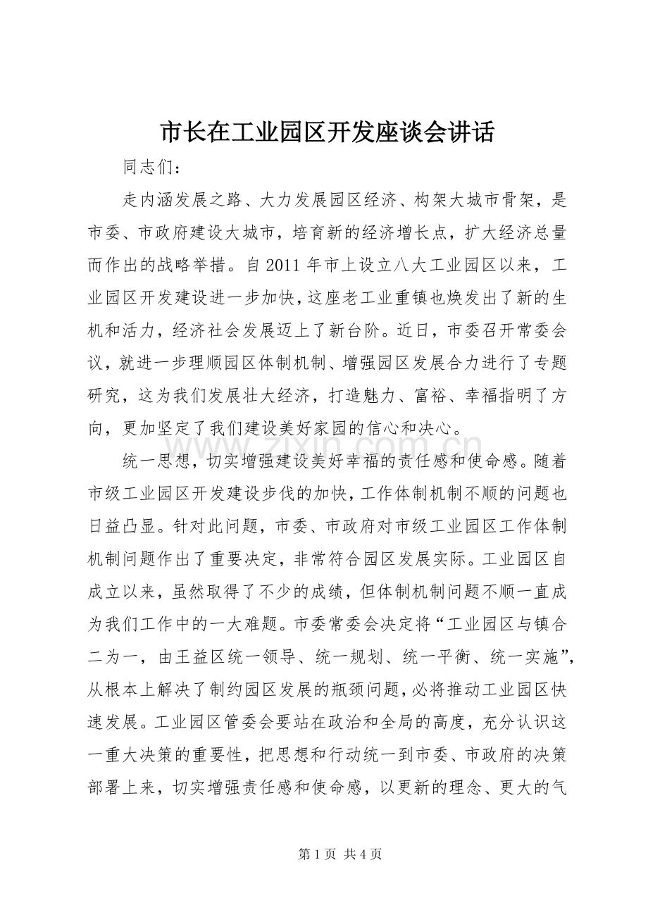 市长在工业园区开发座谈会讲话发言.docx_第1页