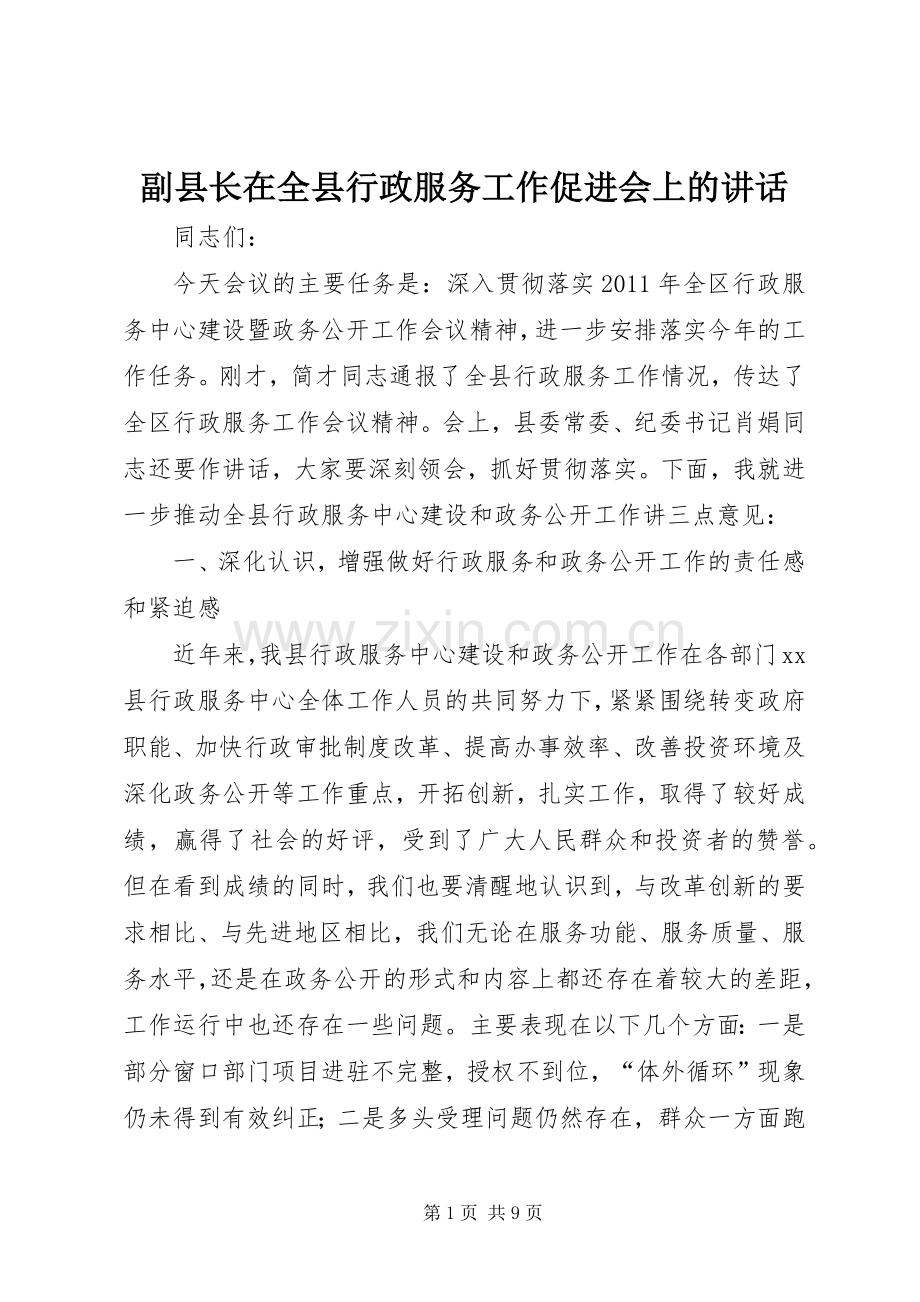 副县长在全县行政服务工作促进会上的讲话发言.docx_第1页