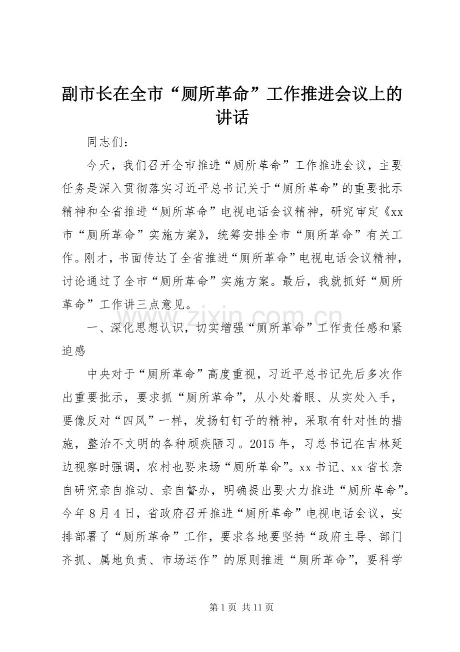 副市长在全市“厕所革命”工作推进会议上的讲话发言.docx_第1页