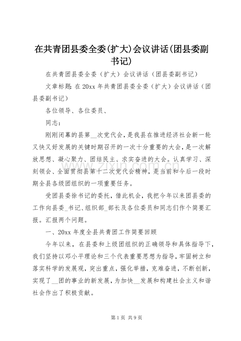 在共青团县委全委(扩大)会议讲话发言(团县委副书记).docx_第1页