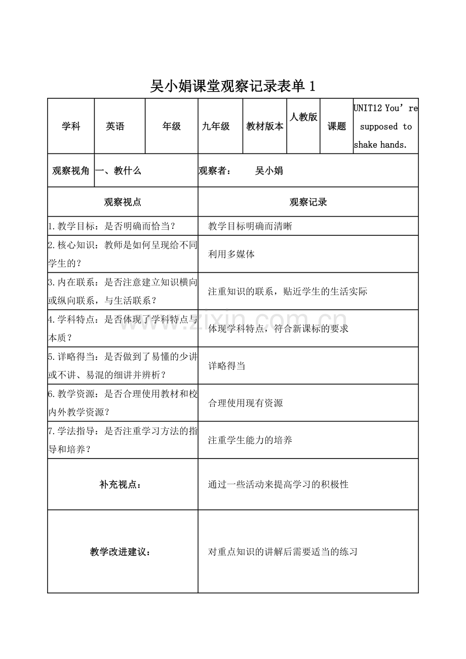 吴小娟课堂观察记录表.doc_第1页