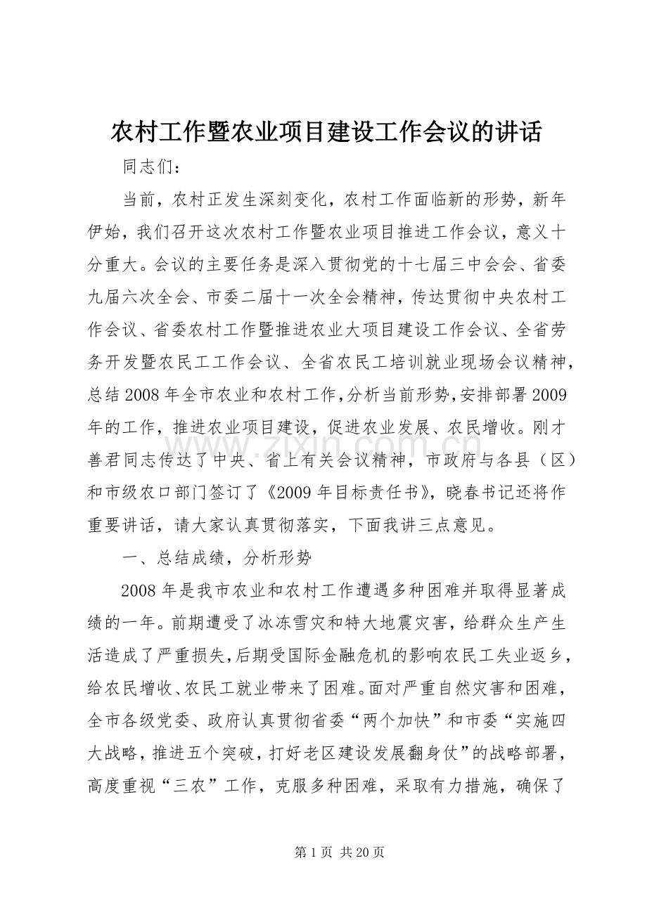 农村工作暨农业项目建设工作会议的讲话发言.docx_第1页